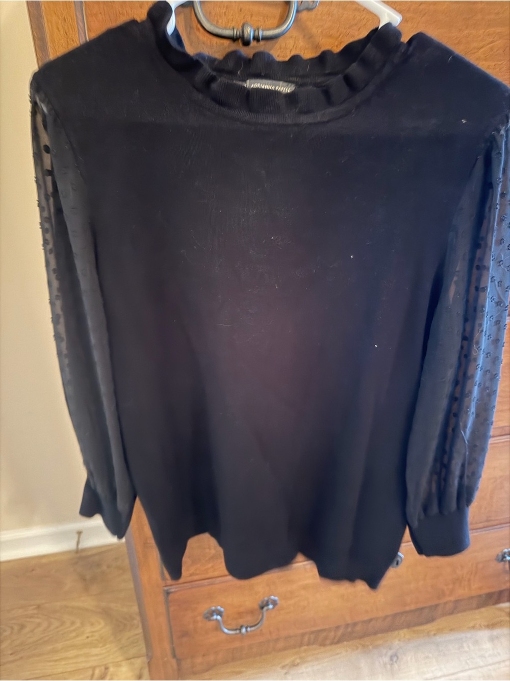 Adrianna Papell Black Ruffle-Neck Dot-Sleeve Sweater Top